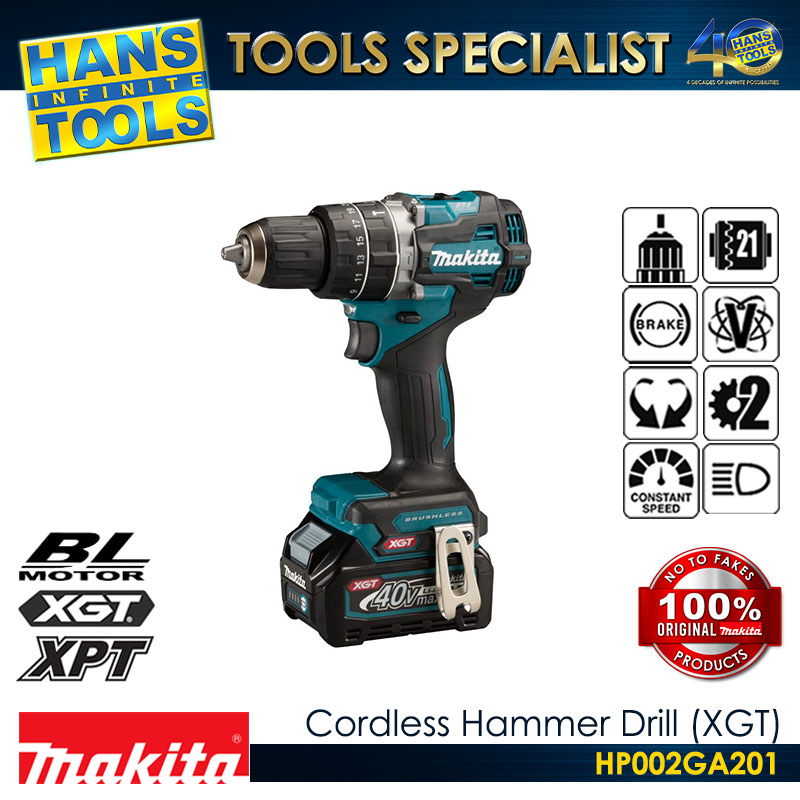 Makita HP002GA201 Cordless Hammer Drill (Brushless) 13mm (1/2") 65Nm XGT 40Vmax [Kit Set]