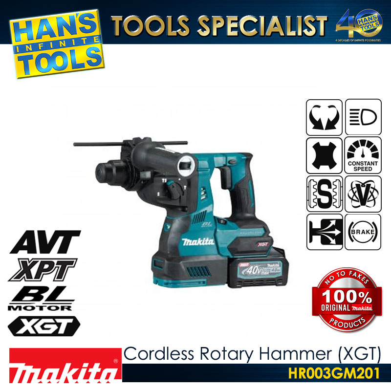 Makita HR003GM201 Cordless Brushless Rotary Hammer 28mm (1-1/8″) 2.8 J XGT 40Vmax (3-Modes Action)