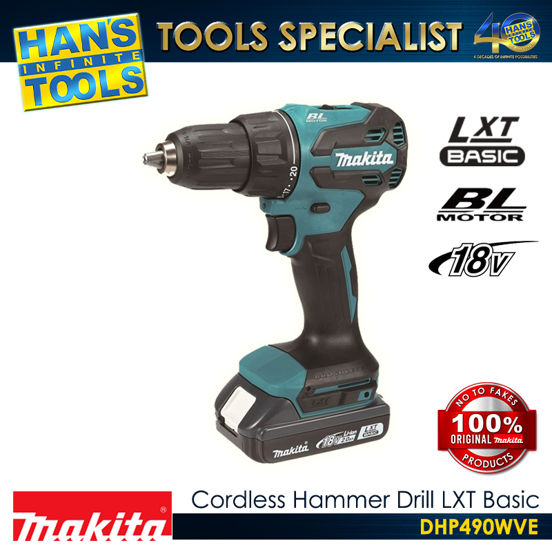 Makita DHP490WVE Cordless Hammer Drive Drill 13mm (1/2") 65Nm (580in.lbs) 18V LXT li-Ion with 2 (2.0Ah) Battery, 1 charger and 1 carrying case