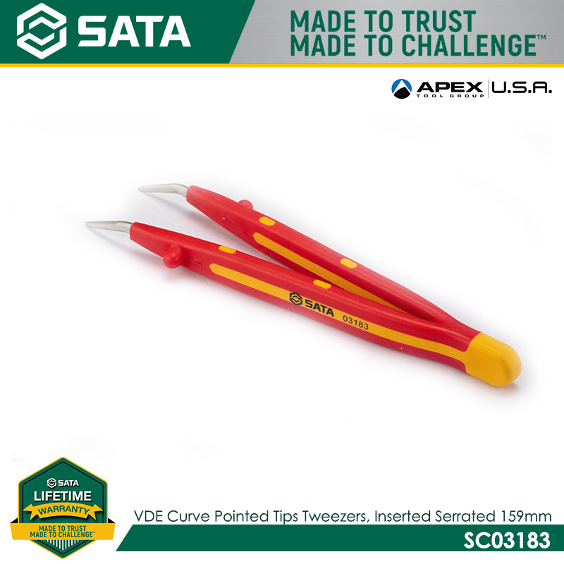 SATA SC03183 VDE Curved Pointed Tips Tweezers, Inside Serrated 159mm