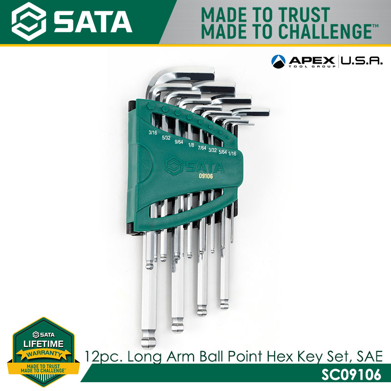 SATA SC09106 12Pc. Long Arm Ball Point Hex Key Set, SAE