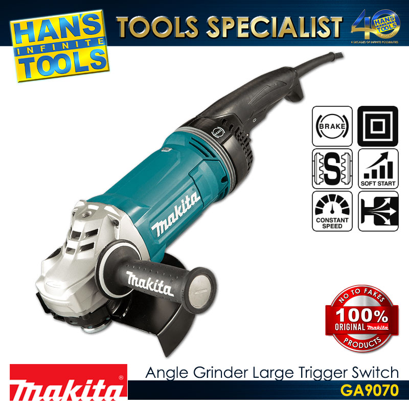 Makita GA9070 Angle Grinder Anti Restart Function Soft Start Mechanical Brake Large Trigger Switch 230mm (9") 2,800W AFT