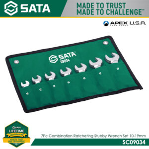 SATA SC09034 7Pc Combination Ratcheting Stubby Wrench Set 10-19mm