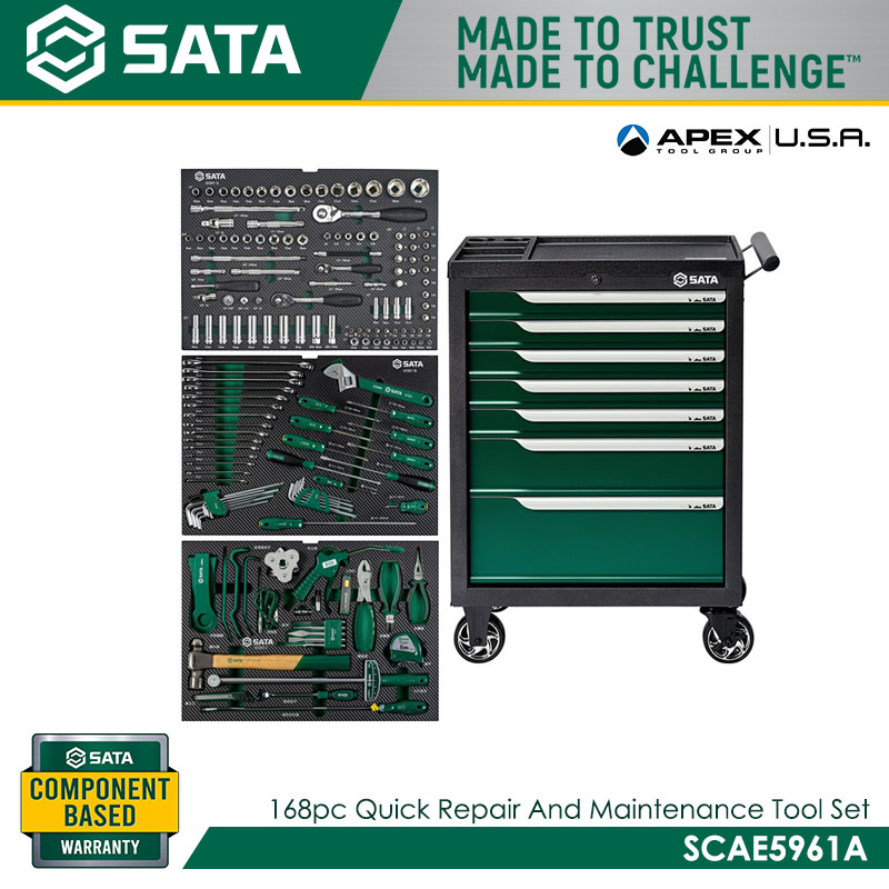 SATA SCAE5961A 168pc Quick Repair And Maintenance Tool Set (AE5961A Includes 7-Drawer Tool Trolley -95126)